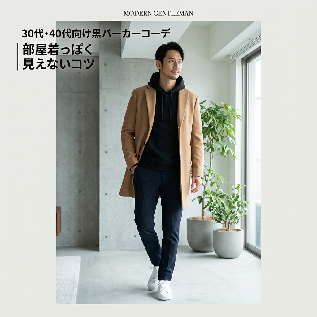 「30代・40代向け黒パーカーコーデ｜部屋着っぽく見えないコツ」